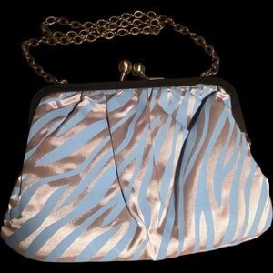 Helen Of Troy Kiss Lock Clutch or Shoulder Bag Zebra Brushed Gold Tone 5x7x1
